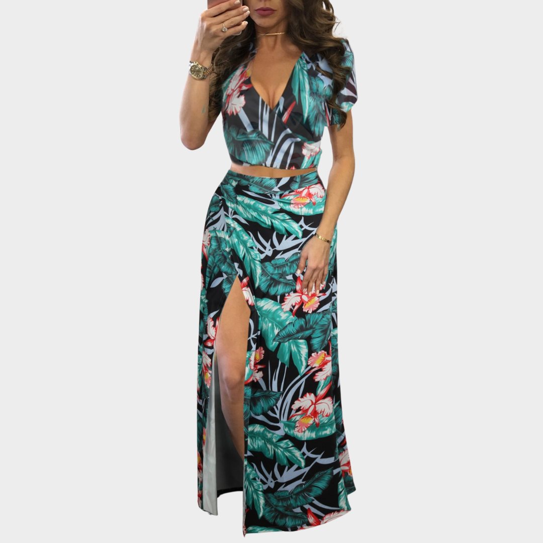 Women's Two-Piece Skirt Set – Floral Print – Crop Top & Slit Skirt – Multiple Colours