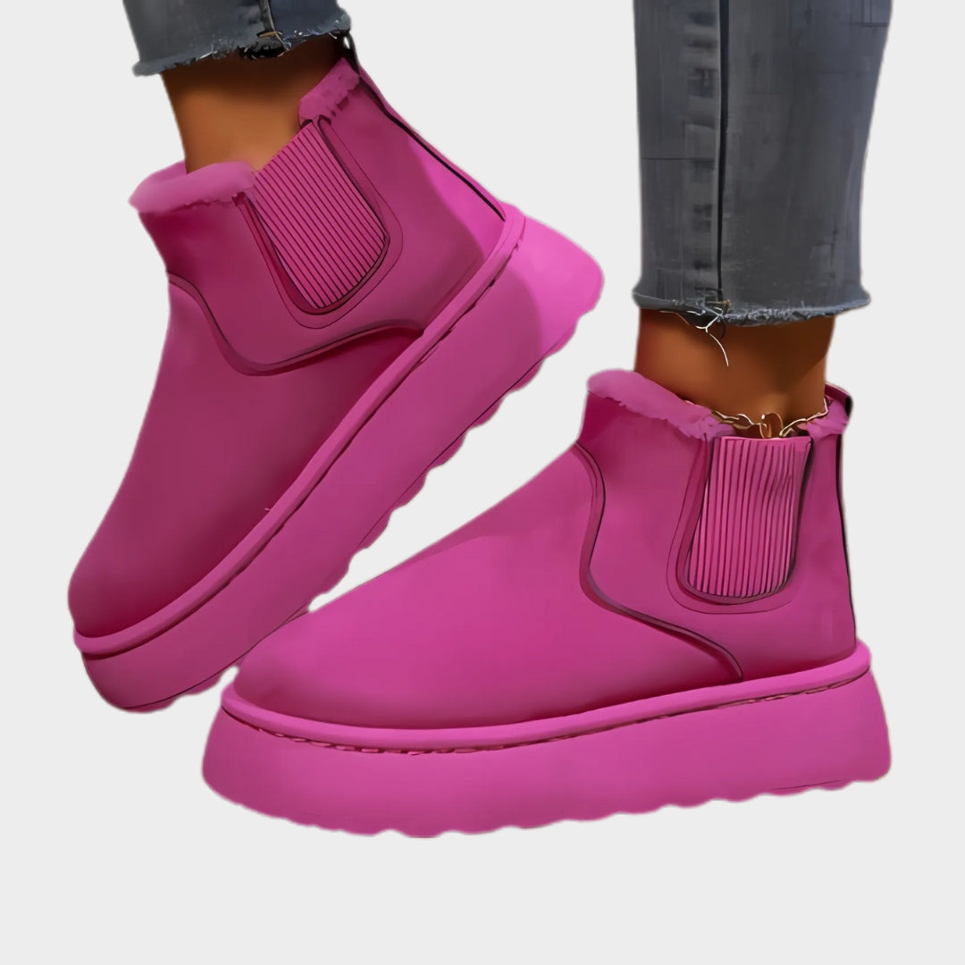 Women’s Short Plush Warm Chelsea Boots - Winter Suede Fur Ankle Platform Flats, Beige, Black, and More