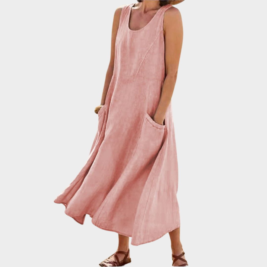 Women's Cotton Linen Dress – Sleeveless – O Neck – Loose Fit – With Pocket – Multiple Colours