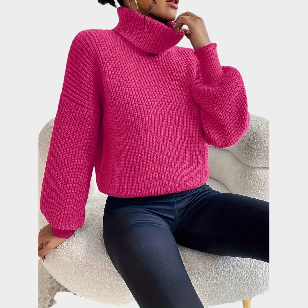Women's Roll Neck Jumper – Lantern Sleeves – Drop Shoulder – Soft & Cosy – Elegant & Stylish – Pink