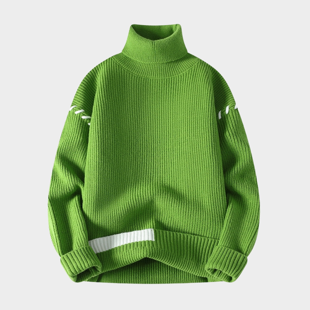 Men's Turtleneck Sweater - Loose Casual Knit Pullover with Patchwork Design (Black, Green, and More)