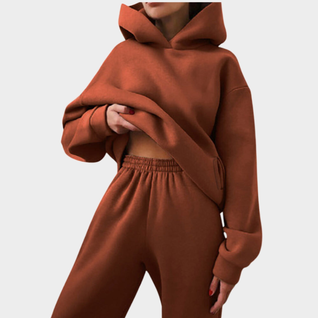 Women’s Casual Two-Piece Sweater Suit – Solid Color, Fashionable Sportswear Set, Available in Brown, Purple, Pink, and More