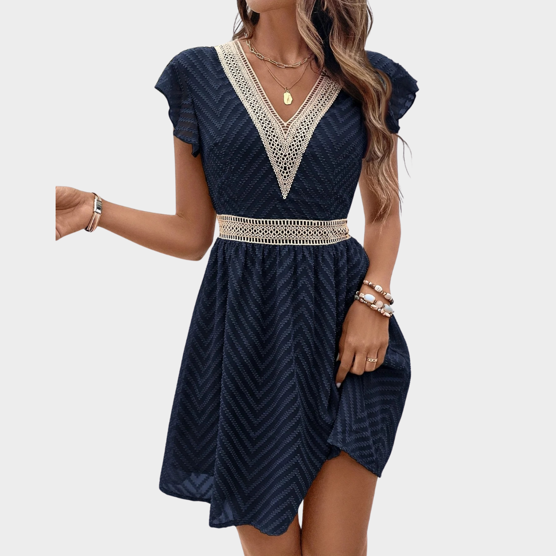 Women’s A-Line V-Neck Dress – Elegant Fit and Flare with French Lace Overlay – Sleeveless Fully Lined Design – Multiple Colours