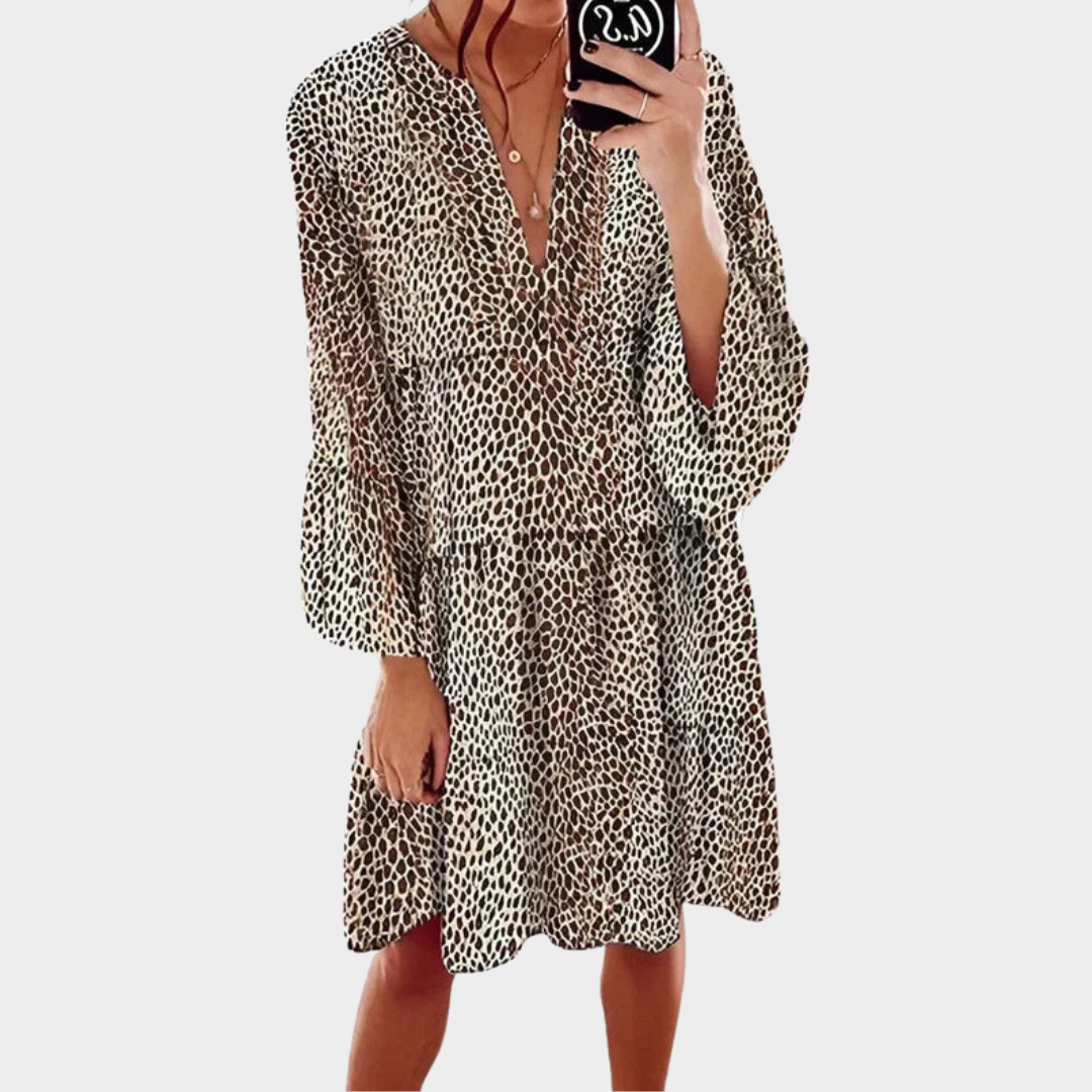 Women's V-Neck Leopard Print Dress – Loose Fit – Princess Sleeve – Urban Leisure Style