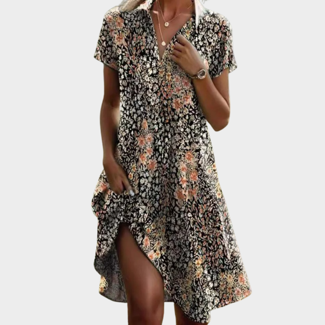Women's V-Neck Bohemian Dress – Short Sleeve Long Skirt with Pockets – Cotton-Polyester Blend – Multiple Colours