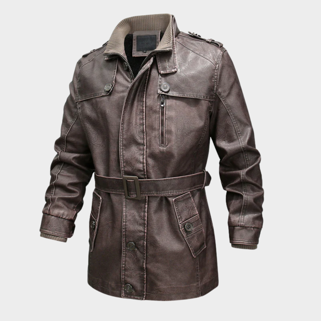 Men’s Belted Trench Coat – Washed Leather Look PU Jacket with Plush Lining and Asymmetrical Zip – Multiple Colours