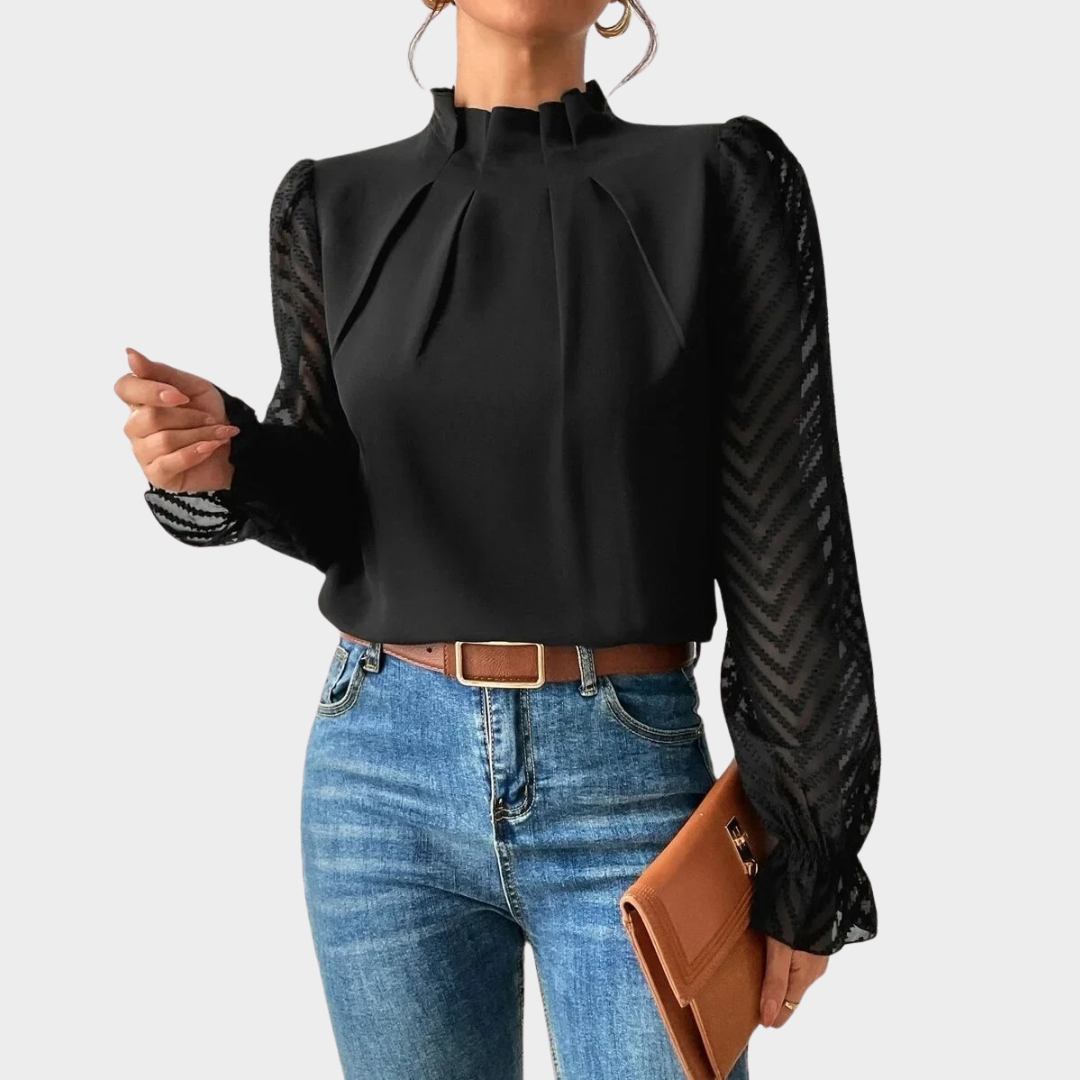 Women’s Relaxed Fit Blouse – High Neck with Sheer Sleeves – Soft Breathable Blend – Elegant Casual Style – Multiple Colours