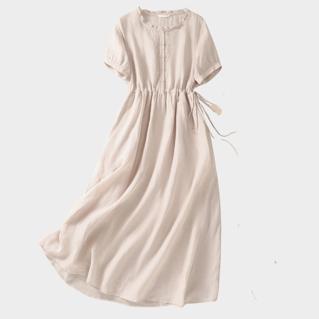 Women’s Short Sleeve Drawstring Collar Dress – Cotton Linen Relaxed Fit with Ear Edge Detail – Solid Colour Casual Midi Dress – Multiple Colours