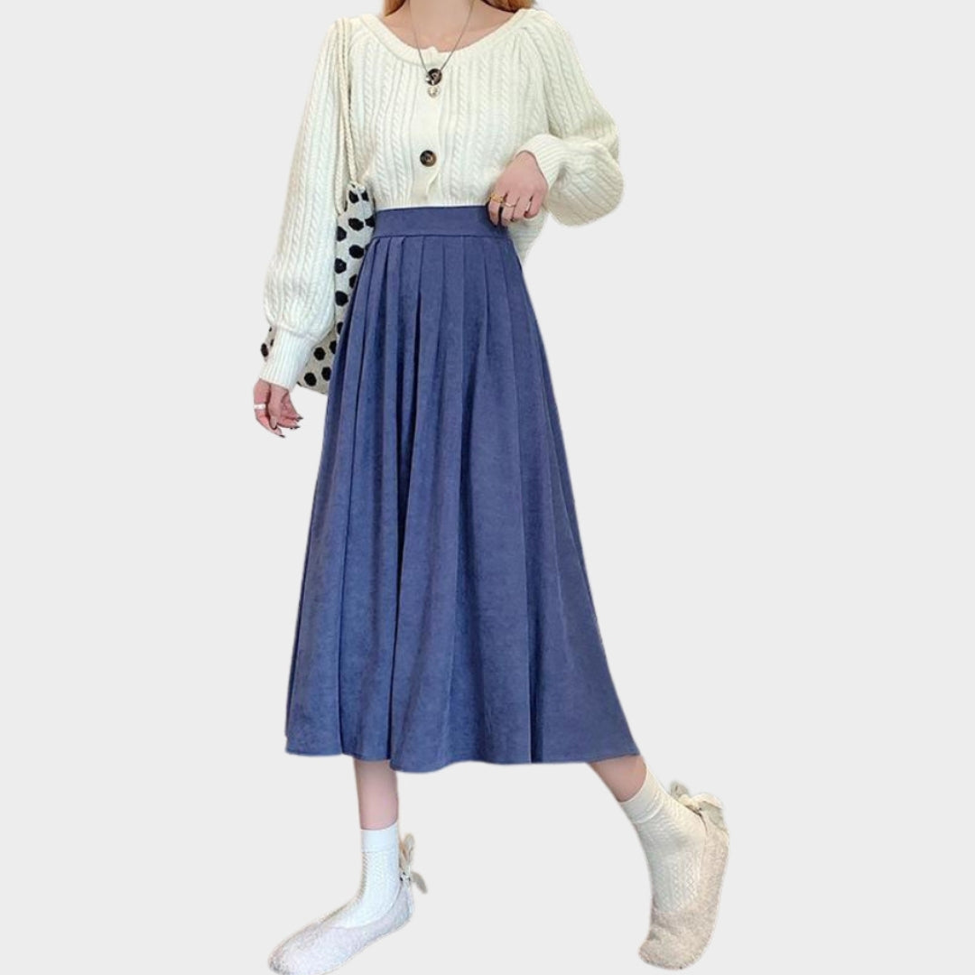 Women’s High Waist Pleated Skirt - Vintage A-Line Korean College Style Long Skirt, Blue, Black, and More