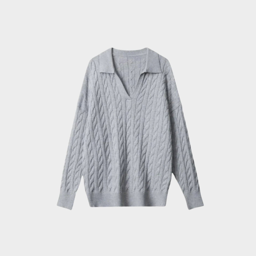 Women’s V-Neck Wool Sweater - Elegant Collar, Classic Tailored Design, Grey, Blue