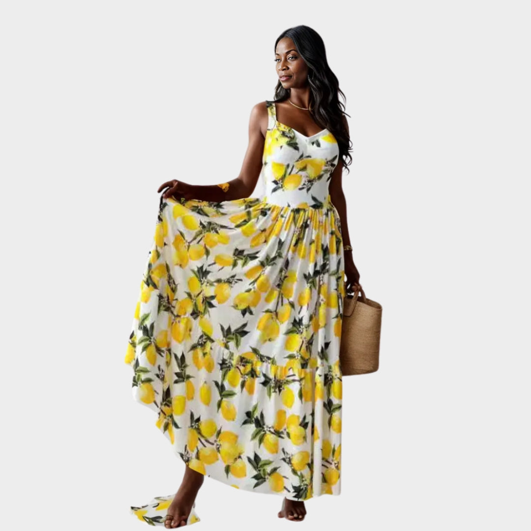 Women's Lemon Print Summer Dress – Airy Fit, Light Fabric, Yellow