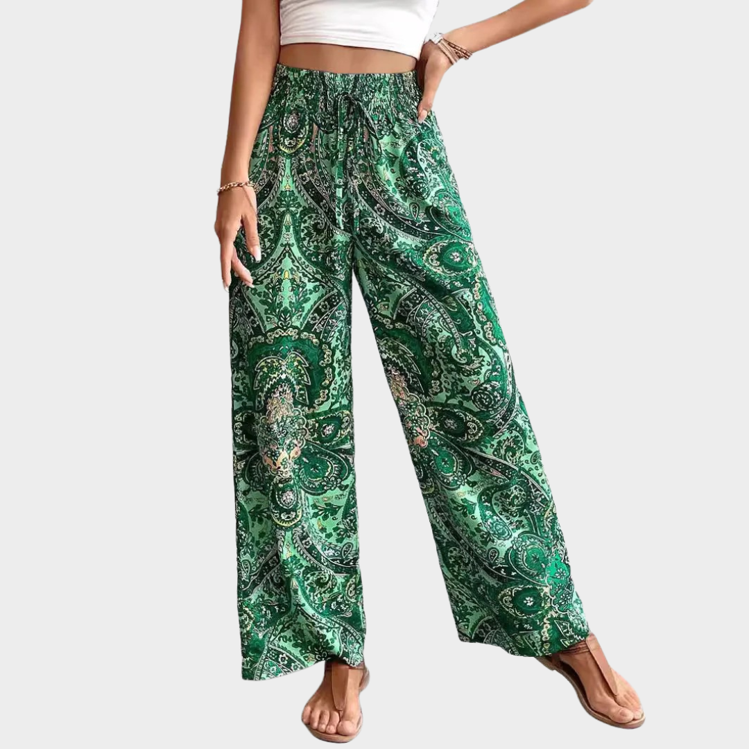 Women Wide Leg Printed Trousers – Elastic Waist Relaxed Fit Lightweight Fabric – Versatile Streetwear Look – Multiple Colours