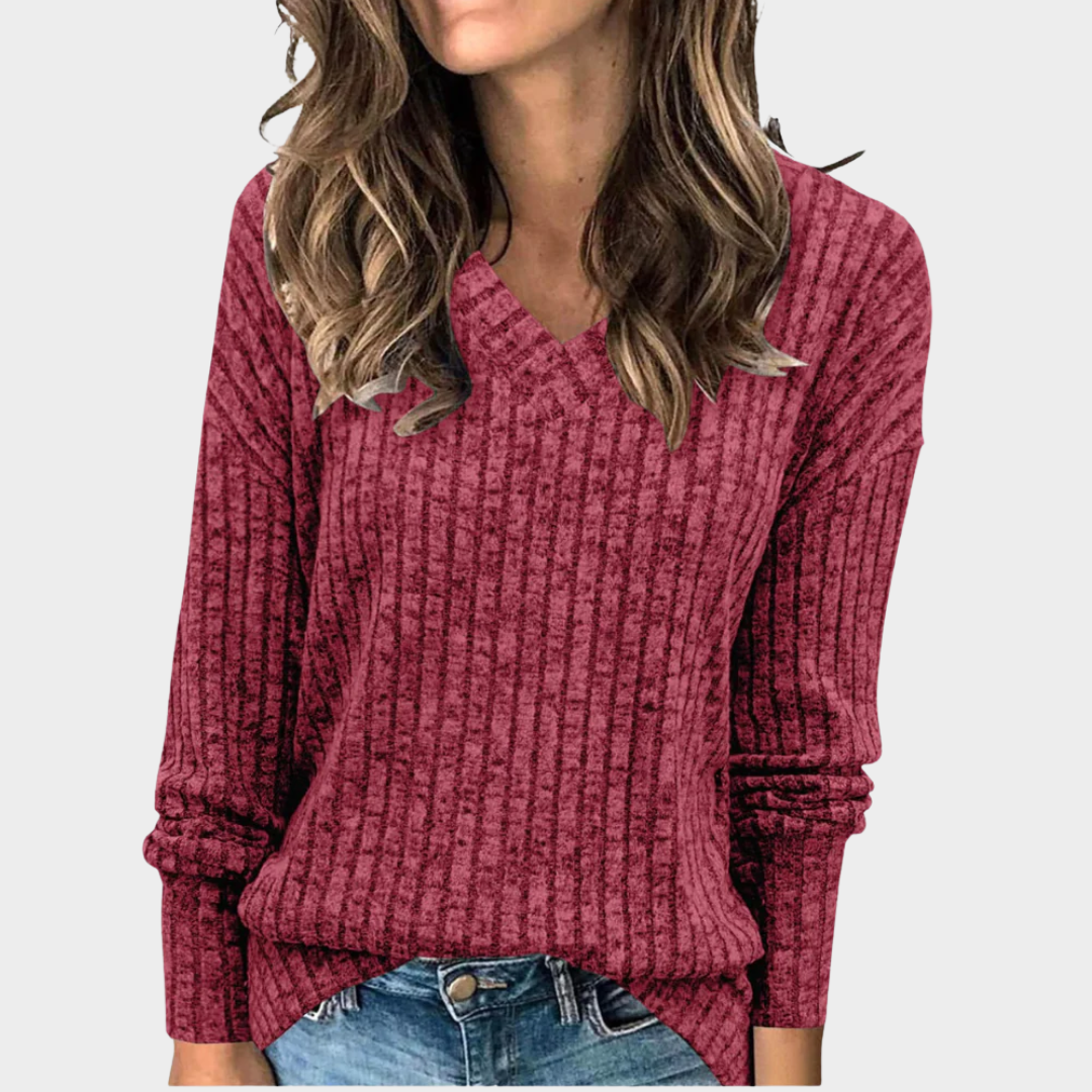 Women Knitted Sweater – Long Sleeve T Shirt Style with Pit Stripe and V Collar – Lightweight Polyester Blend – Multiple Colours