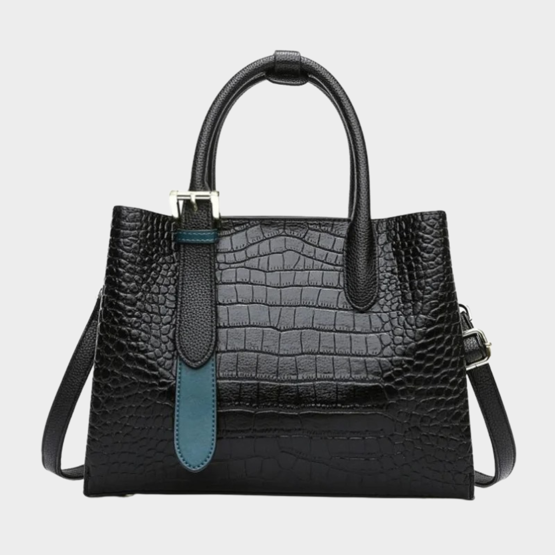 Women Handbag – Alligator Print PU Leather with Double Handle and Structured Design – Black