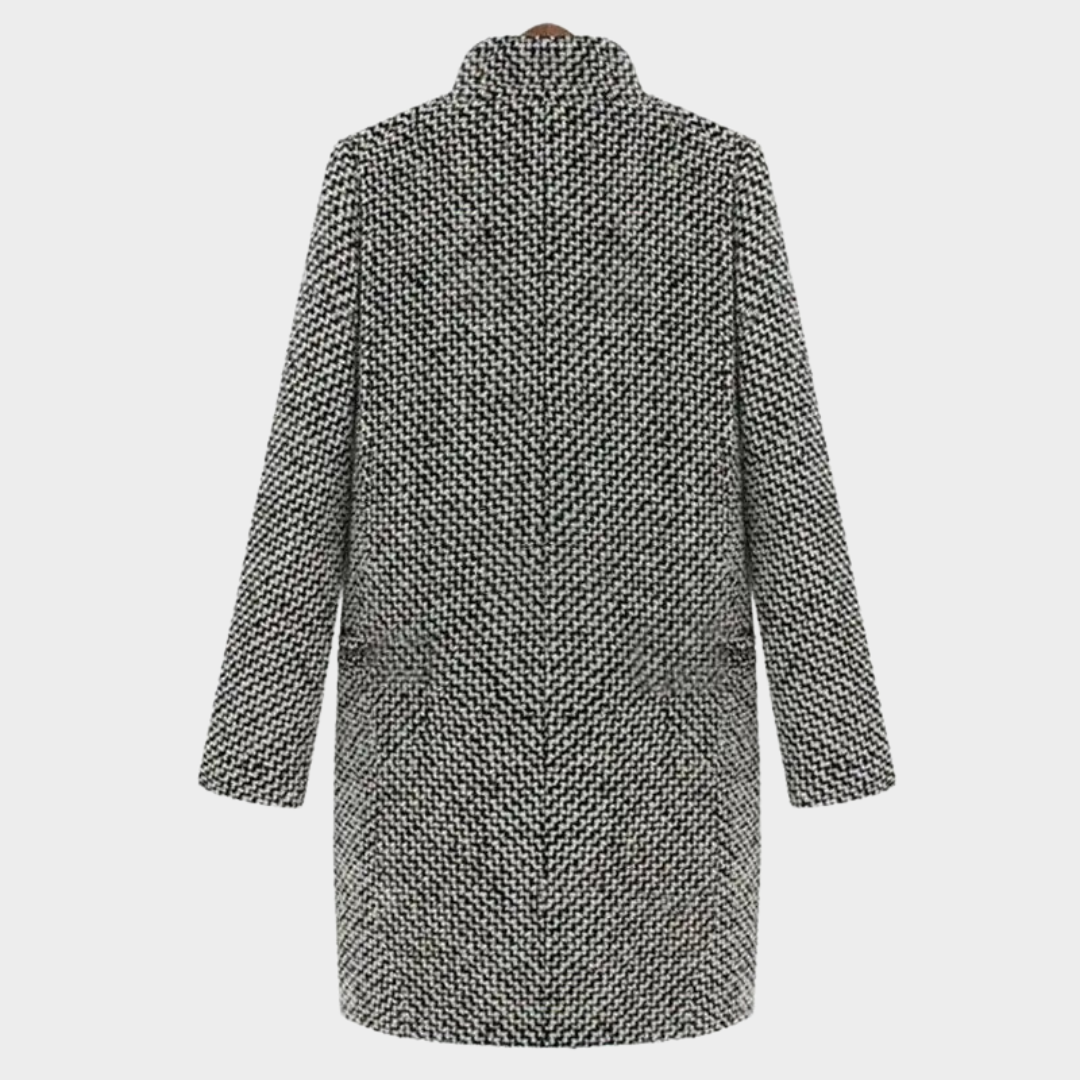 Women Plaid Wool Coat – Slim Fit Long Sleeve Single Button Overcoat – Elegant Tailored Outerwear – Grey