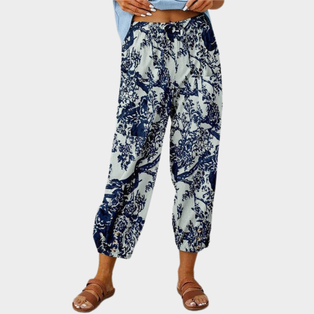 Women's High Waist Cropped Trousers – Retro Print – Loose Fit – Drawstring Waist – Multiple Colours
