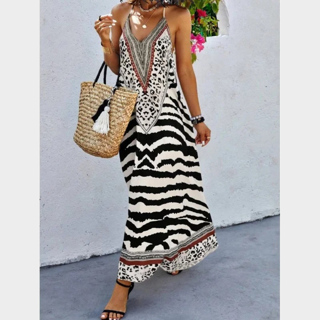 Women Sleeveless Off-Shoulder Dress – Animal Print – Backless – Lightweight Fabric – Black