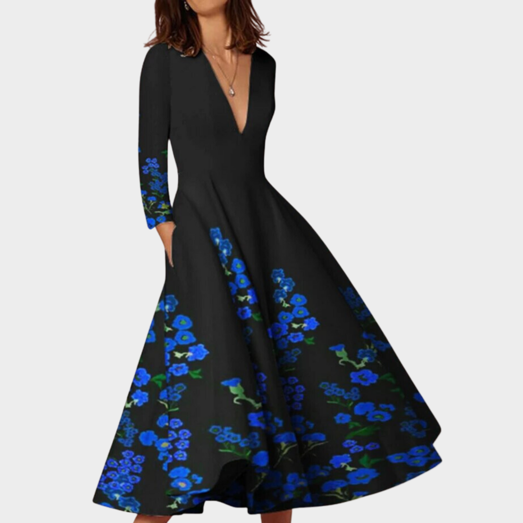Women's Vintage Geometric Print Dress – Long Sleeve – V-Neck – High Waist – Multiple Colours