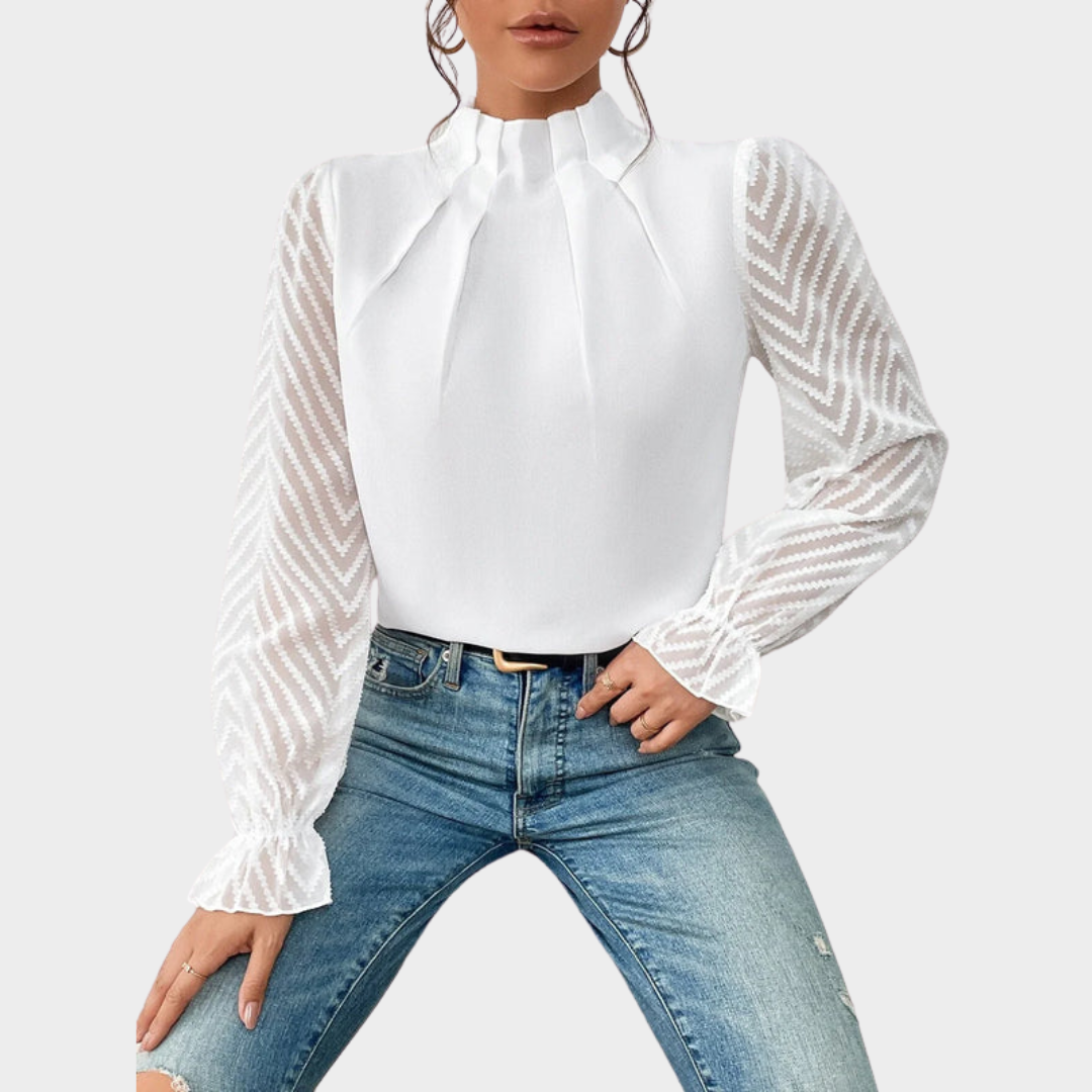 Elegant Women's Lace Blouse – Mock Neck – Long Sleeve – Slim Fit – Chiffon Fabric – Multiple Colours