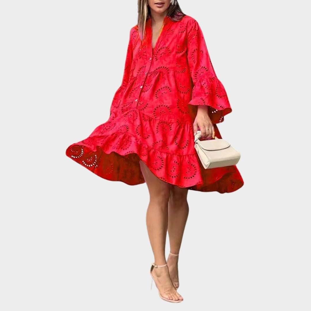 Spring Summer Women’s V-Neck Dress – Solid Color, Embroidered Hollow Lace, Loose Fit in Yellow, Red, Sky Blue, and More