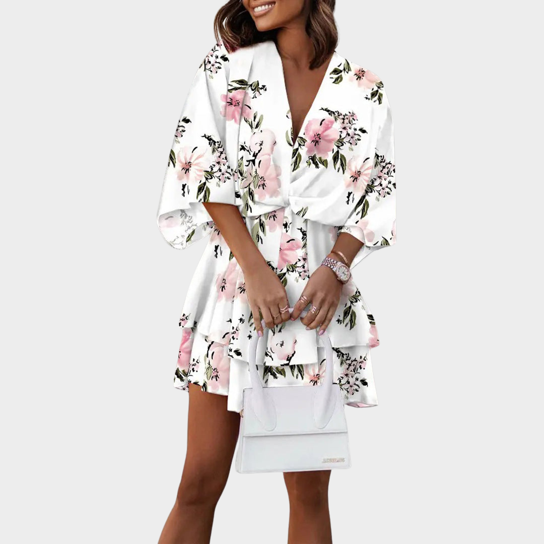 Women's V-Neck Mini Dress - Loose Fit - Bat Sleeve - Printed A-Line - Multiple Colours