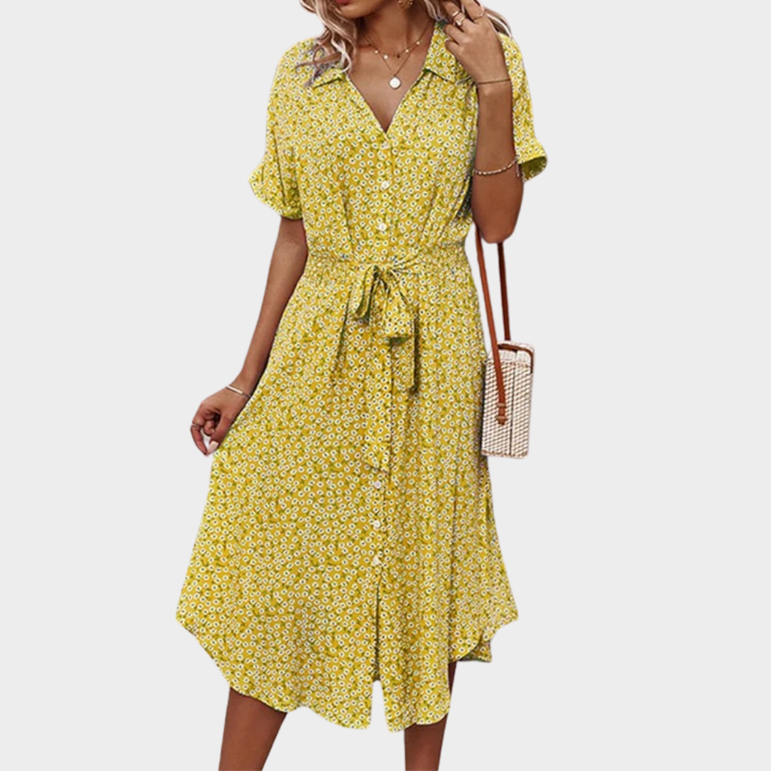 Women's Floral V-Neck Midi Dress – Short Sleeve – Button Front – Casual Loose Fit – Lightweight Fabric – Multiple Colours