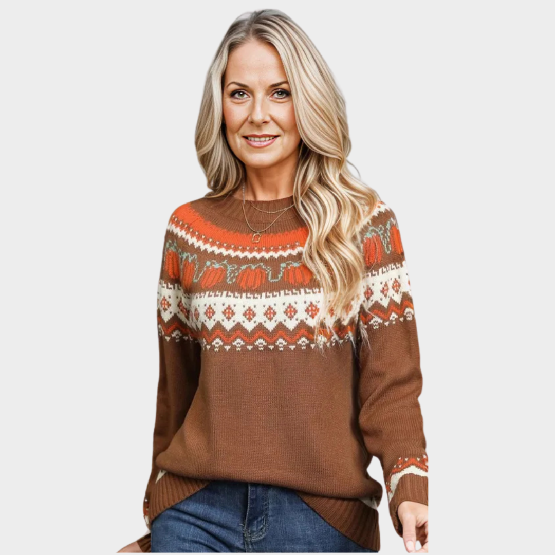 Women's Vintage Knitted Winter Sweater – Geometric Jacquard Pattern, Cozy Holiday Look in Beige, Navy Blue, and More
