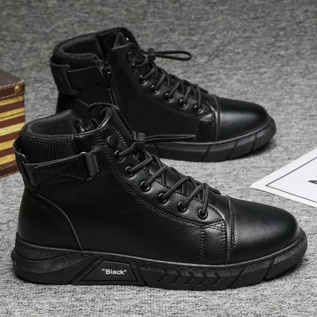 Men's Casual Leather Boots – British Style High Top Work Safety Boots with Thick Soft Sole – Black