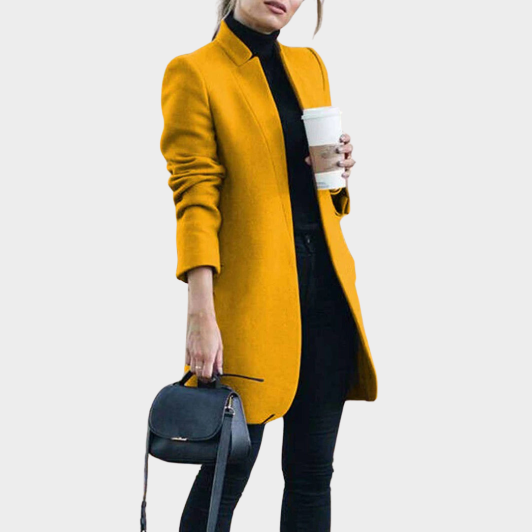 Women's Woolen Coat – Mid-Length Overcoat – Stand Collar – Slim Fit – Elegant Design – Multiple Colours
