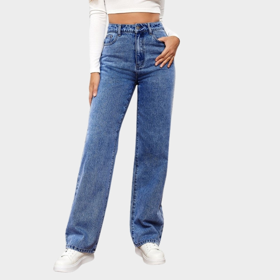 Women's High-Waist Straight Jeans - Vintage Washed Denim Pants with Pockets (Black, Blue, Light Blue)