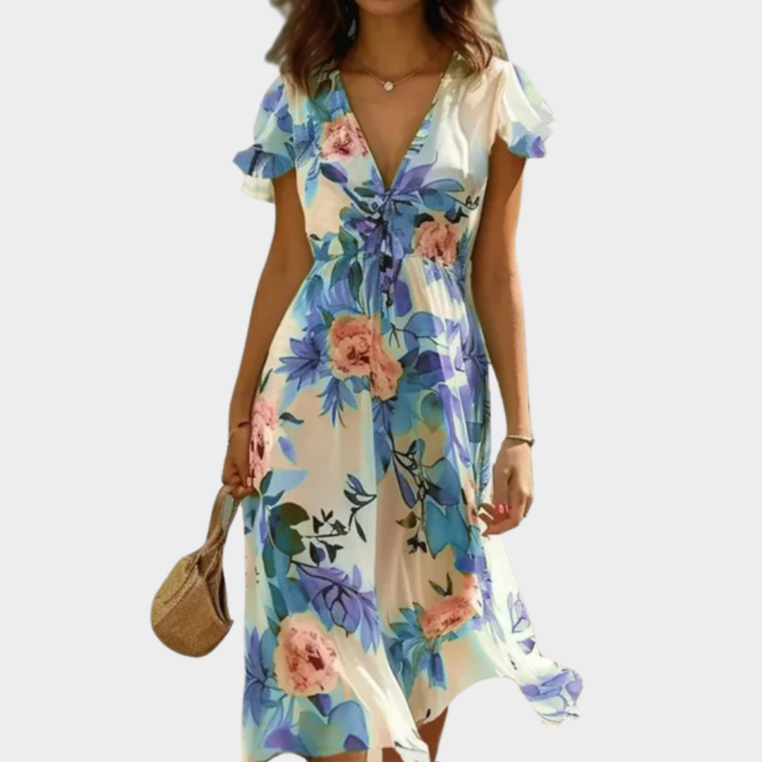 Women's Elegant Midi Dress – Short Sleeve Boho Style Party Dress – V-Neck Floral Print with Lace-Up Waist – Multiple Colours