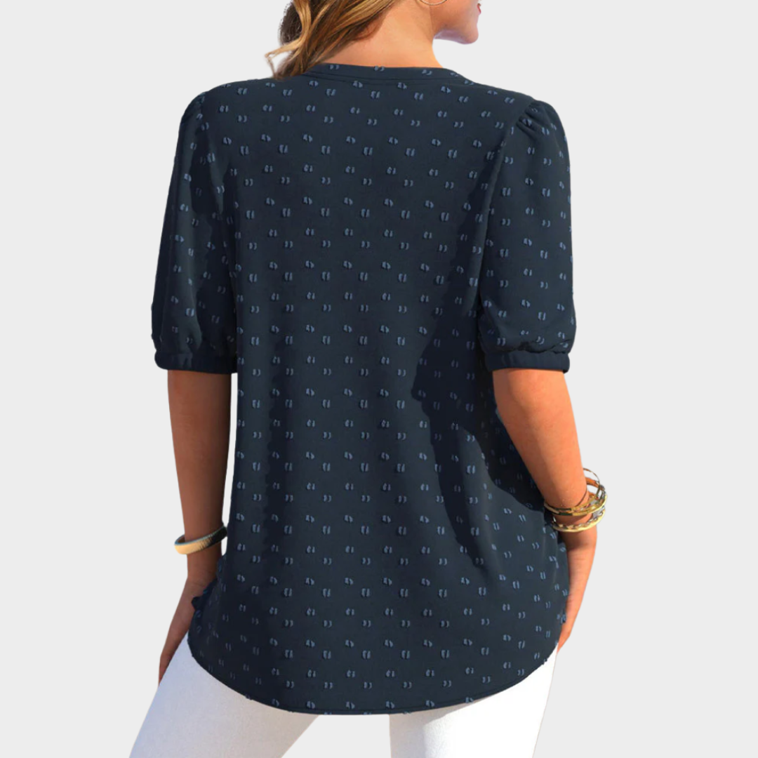 Women's Blouse – Short Sleeves – Press Stud Front – Casual & Elegant – Navy Blue