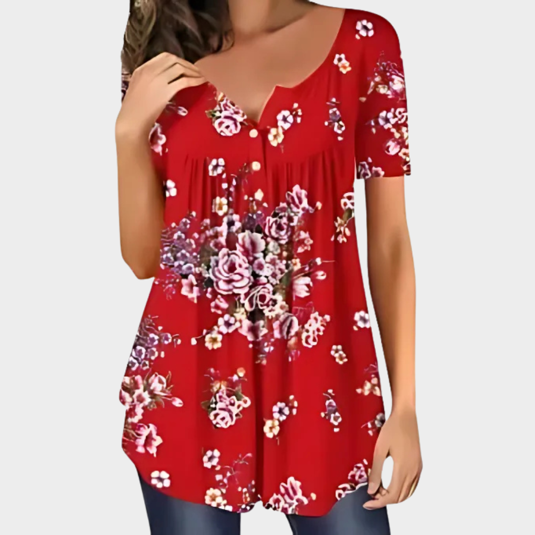Women’s Printed V-Neck Tunic Blouse – Short Sleeve Loose Fit Top – Button Front Detail – Lightweight Digital Design – Soft Comfortable Fabric – Multiple Colours