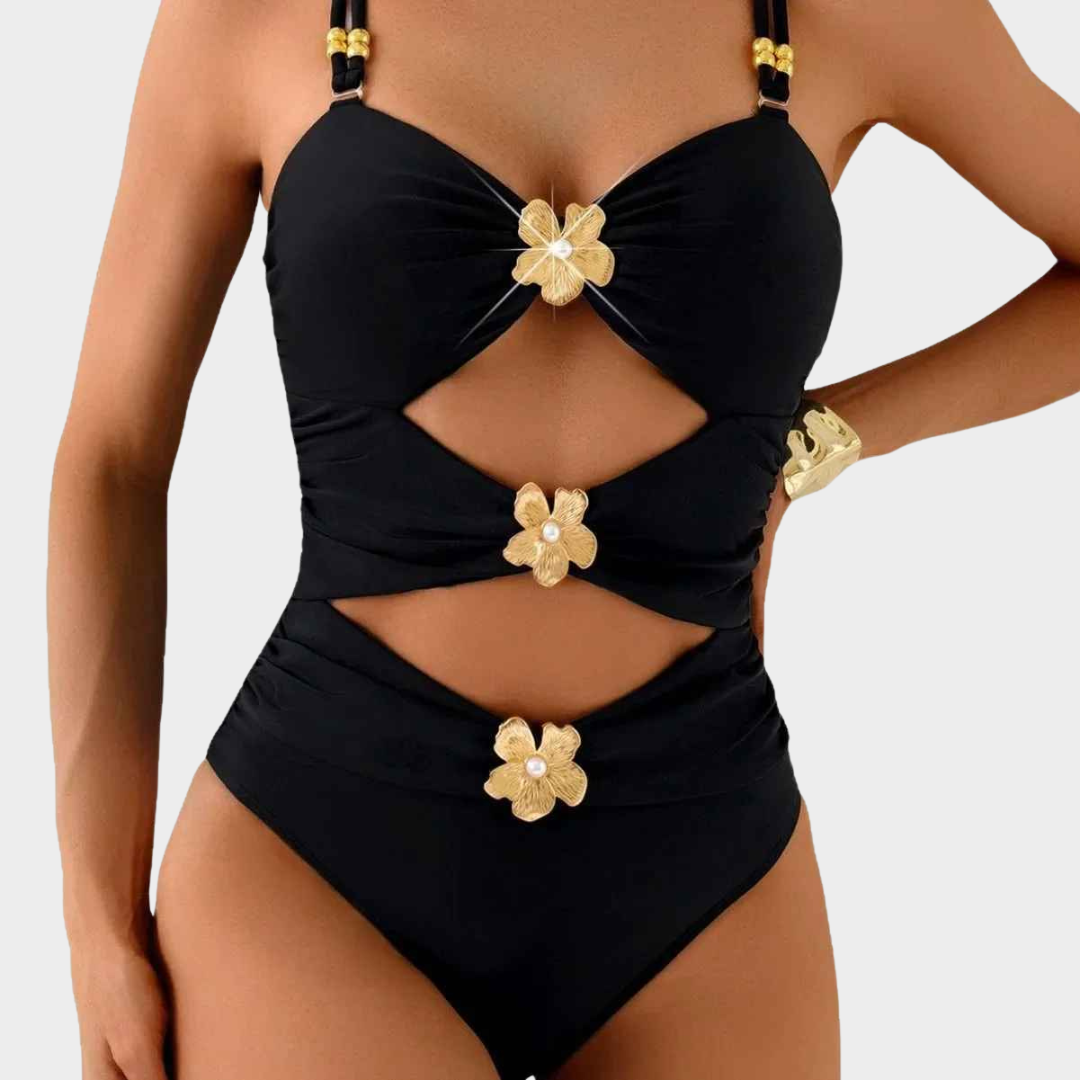 Women's One-Piece Swimsuit – Hollow-Out Strap Design with 3D Floral Detail – Black