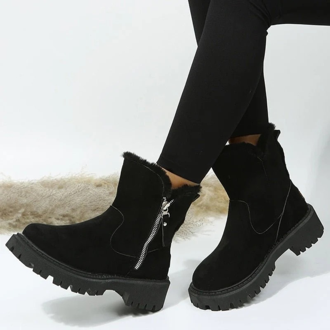 Women’s Ankle Boots – Warm Lined Suede Look with Side Zip – Faux Fur Interior – Non Slip Lug Sole – Multiple Colours