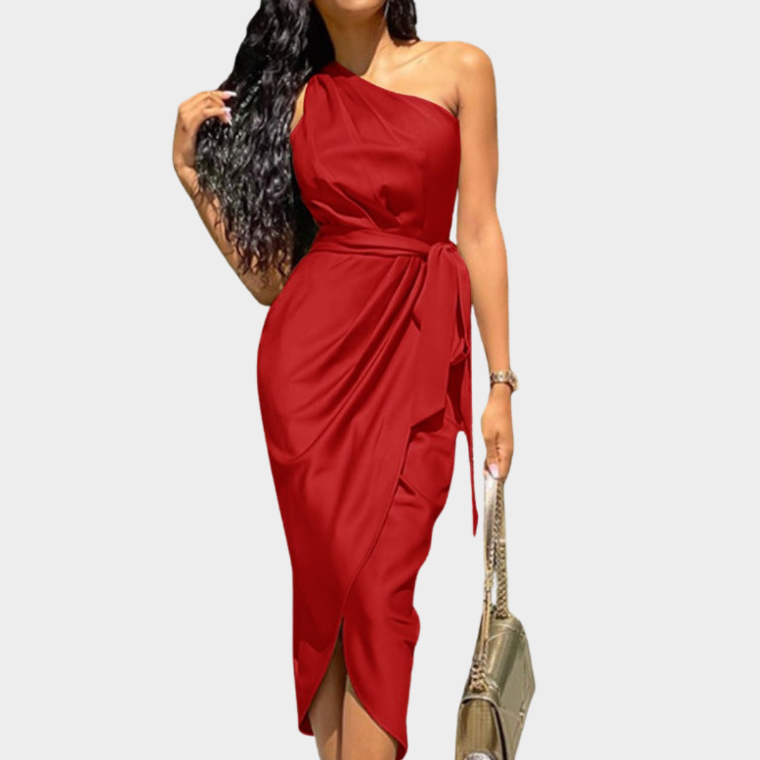 Women's Midi Evening Dress – One Shoulder Satin Fit with Ruched Asymmetrical Detail – Multiple Colours
