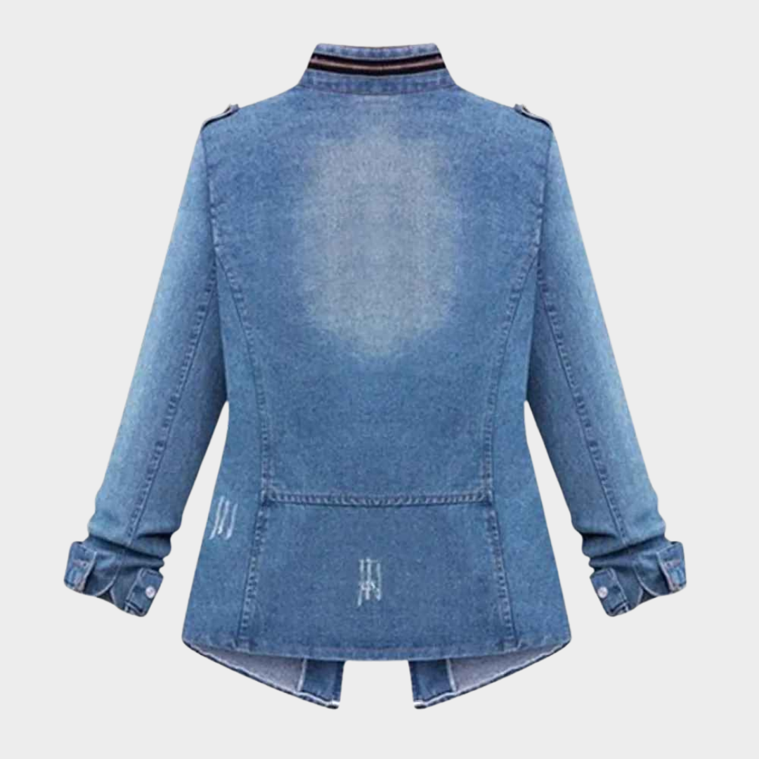 Women's Denim Jacket - Casual Solid Button-Up Coat - Chain Detail - Slim Fit - Blue