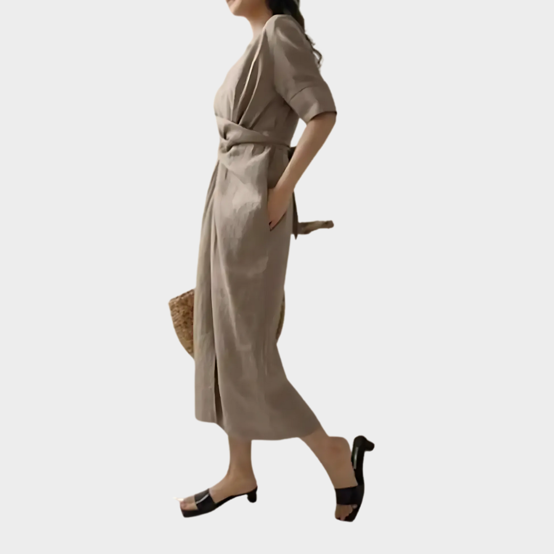 Women's Minimalist Fashion Dress – Half Sleeve O-Neck Irregular Lace-Up Fit – Cotton-Polyester Blend – Light Brown