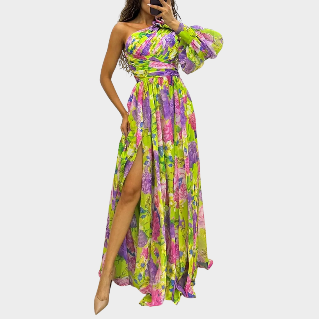 Women's One-Shoulder Maxi Dress – Side Split – Loose Hem – Green