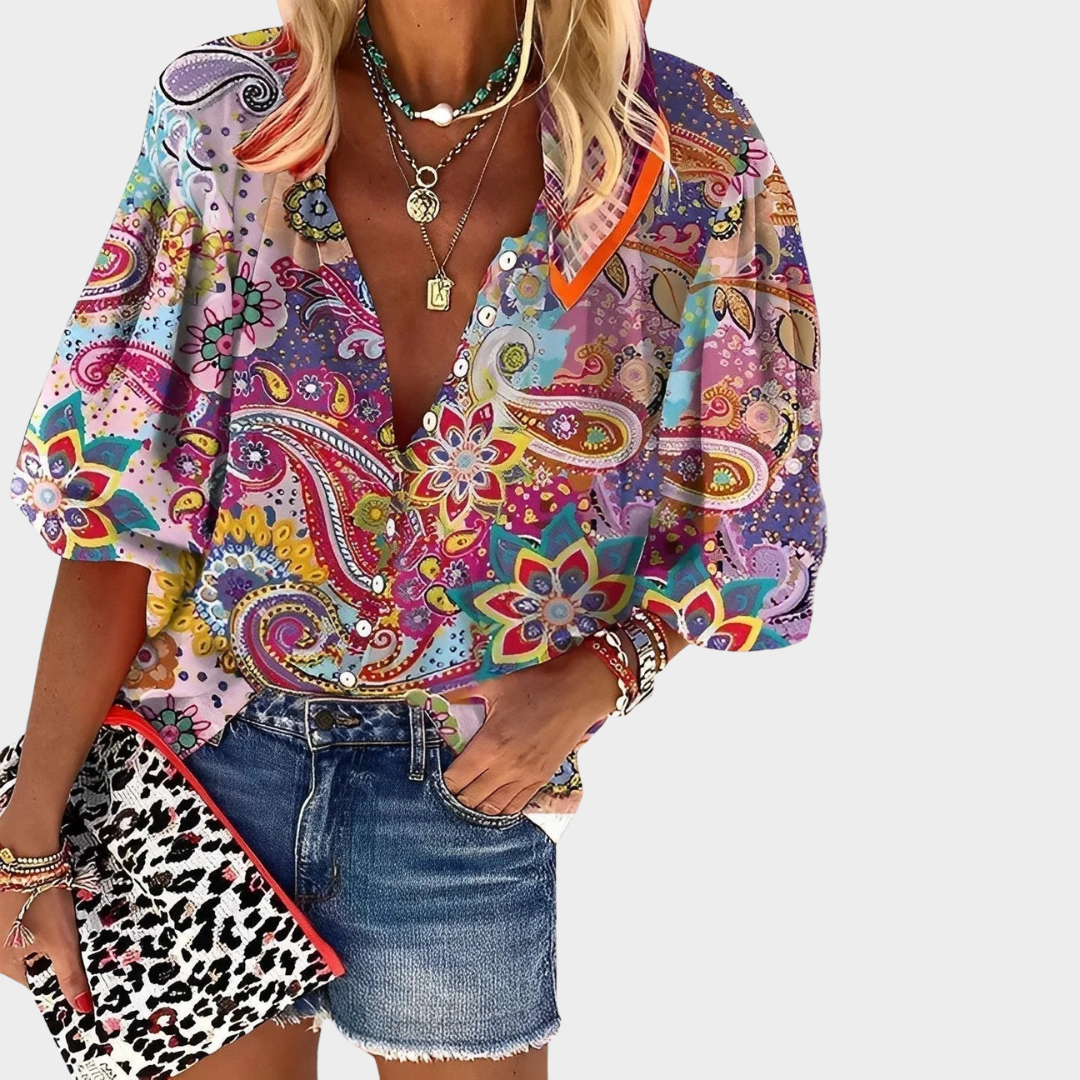 Women’s Relaxed Fit Button-Up Shirt – Mandala Print – V-Neck – Breathable Lightweight Fabric – Multicolour