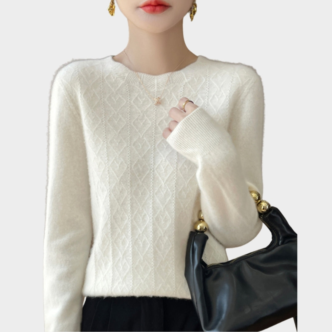 Women’s Merino Wool Hollow Out Sweater - O-neck Pullover, Long Sleeve, Cashmere Blend, Pumpkin, Lake Blue, and More