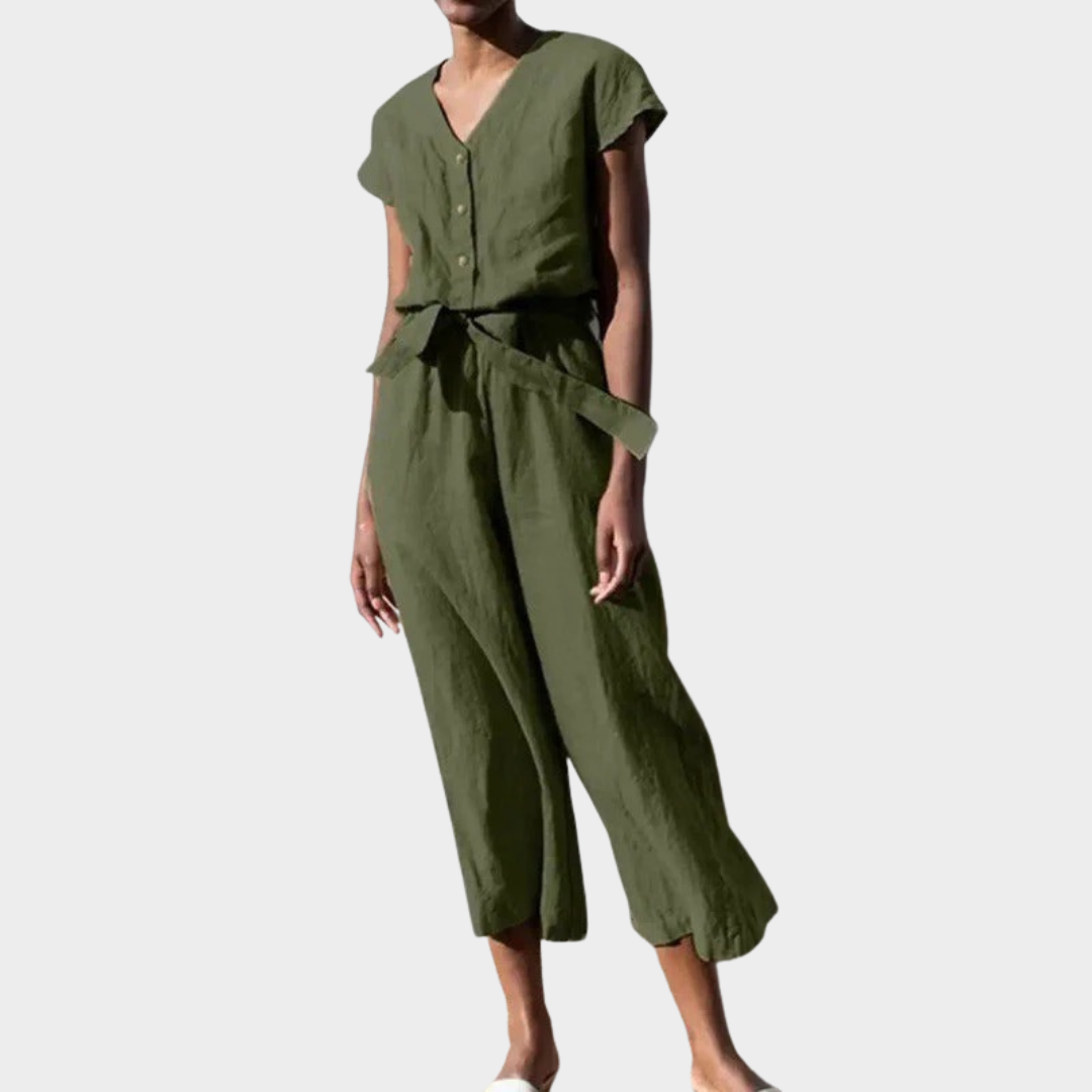 Women's Jumpsuit – Cotton Blend V-Neck Short Sleeve with Belted Waist and Cropped Leg – Relaxed Fit – Multiple Colours