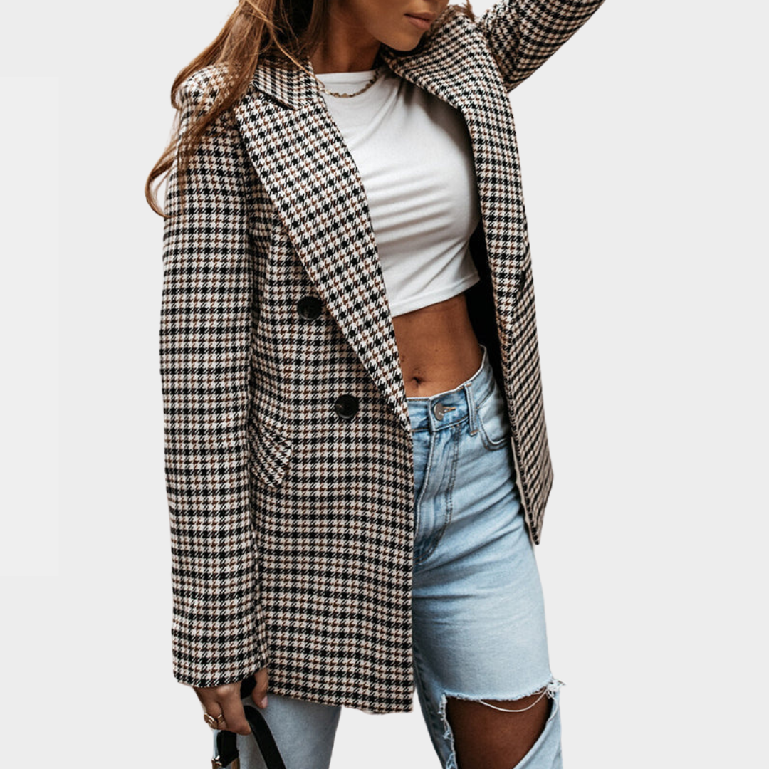 Women's Checkered Blazer - Retro Print - Long Sleeve - Patchwork Design