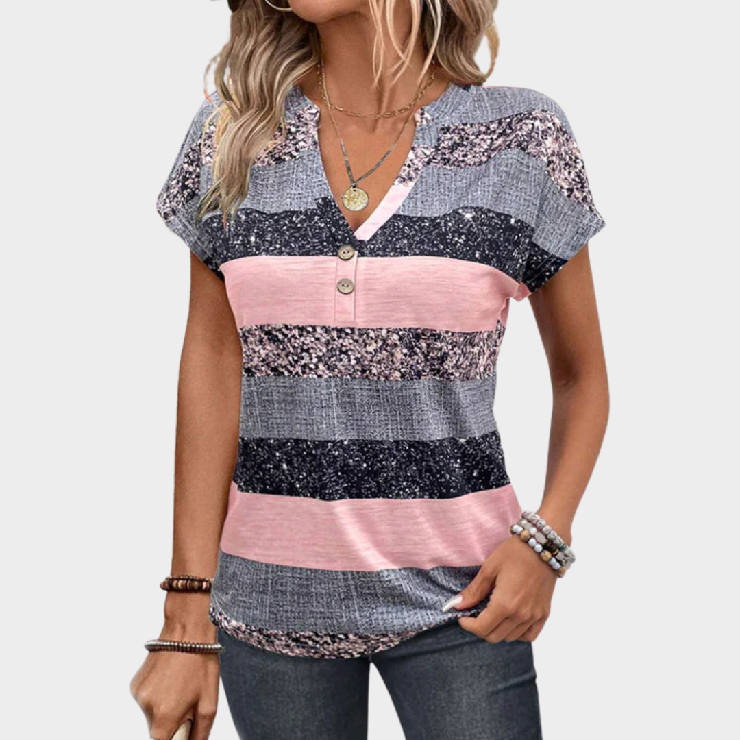 Women’s Striped V-Neck Blouse – Short Sleeve Button-Front Shirt – Relaxed Fit Cotton-Polyester Blend Top – Casual Everyday Style – Multiple Colours