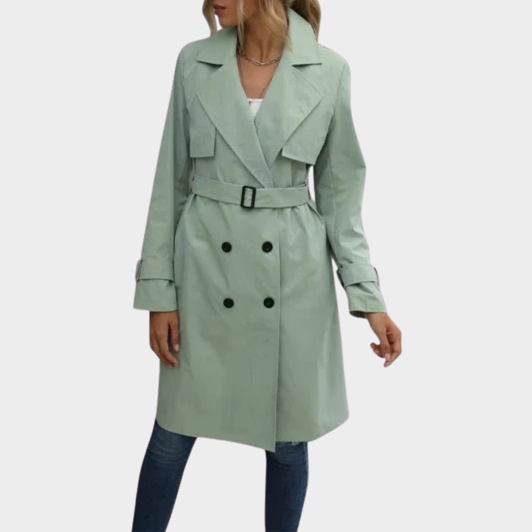 Women Double Breasted Trench Coat – Long Casual Jacket with Solid Colour Design Slim Fit Outwear – Multiple Colours