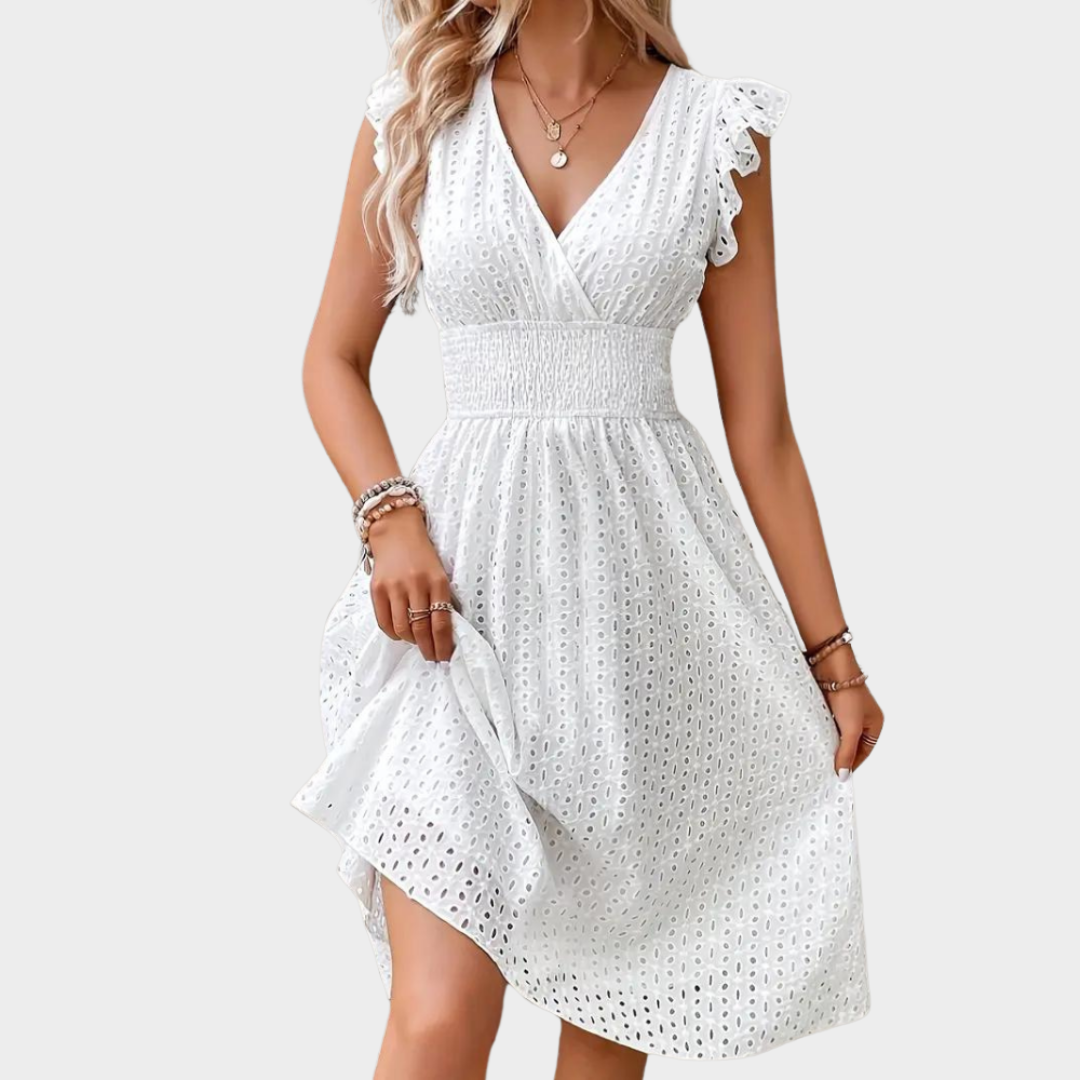Women's Elegant Dress – Lotus Leaf Sleeve – Casual & Commuting – Fashionable Design – Soft Fabric – White
