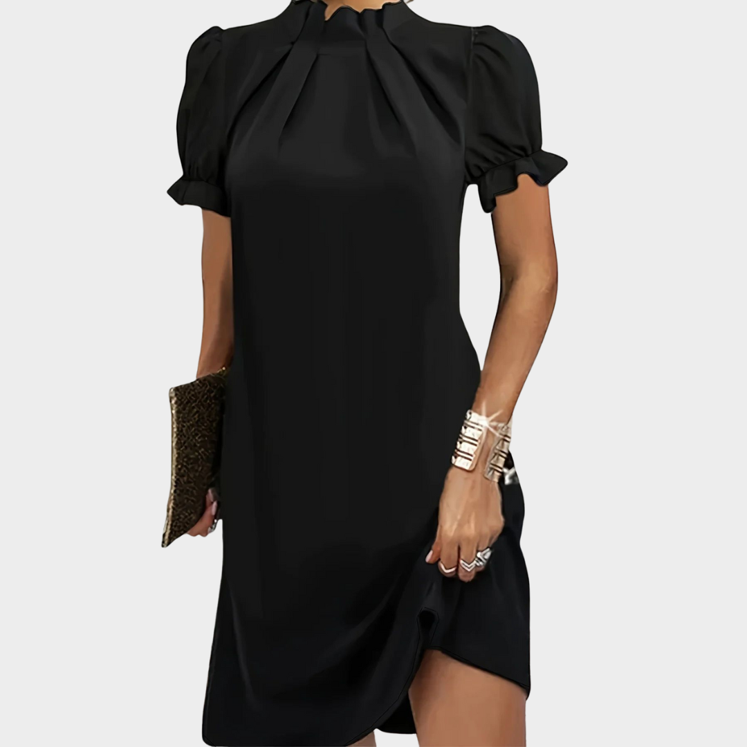 Women's Puff Sleeve Mini Dress – Half Open Collar – Elegant Solid Color – Casual Fit – Black