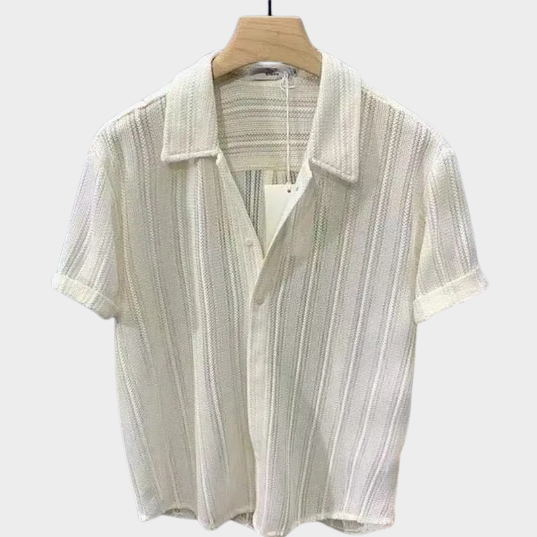 Men’s Short Sleeve Knitted Shirt – Hollow Out Cardigan Style with Buttoned Lapel – Lightweight Comfortable Fit – Multiple Colours