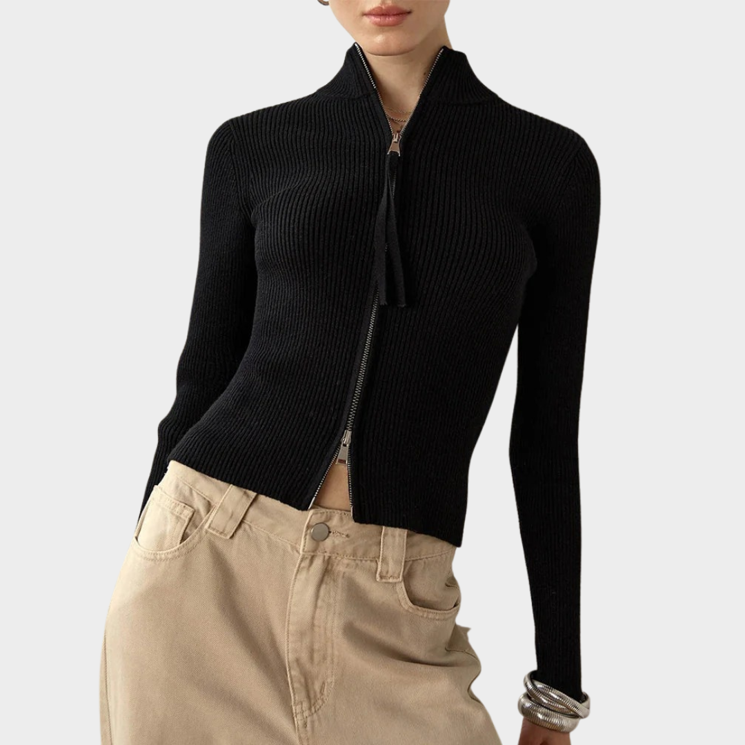 Women’s Knitted Cardigan – Vintage Zip Front Short Sweater with Long Sleeves and Stand-Up Collar – Multiple Colours