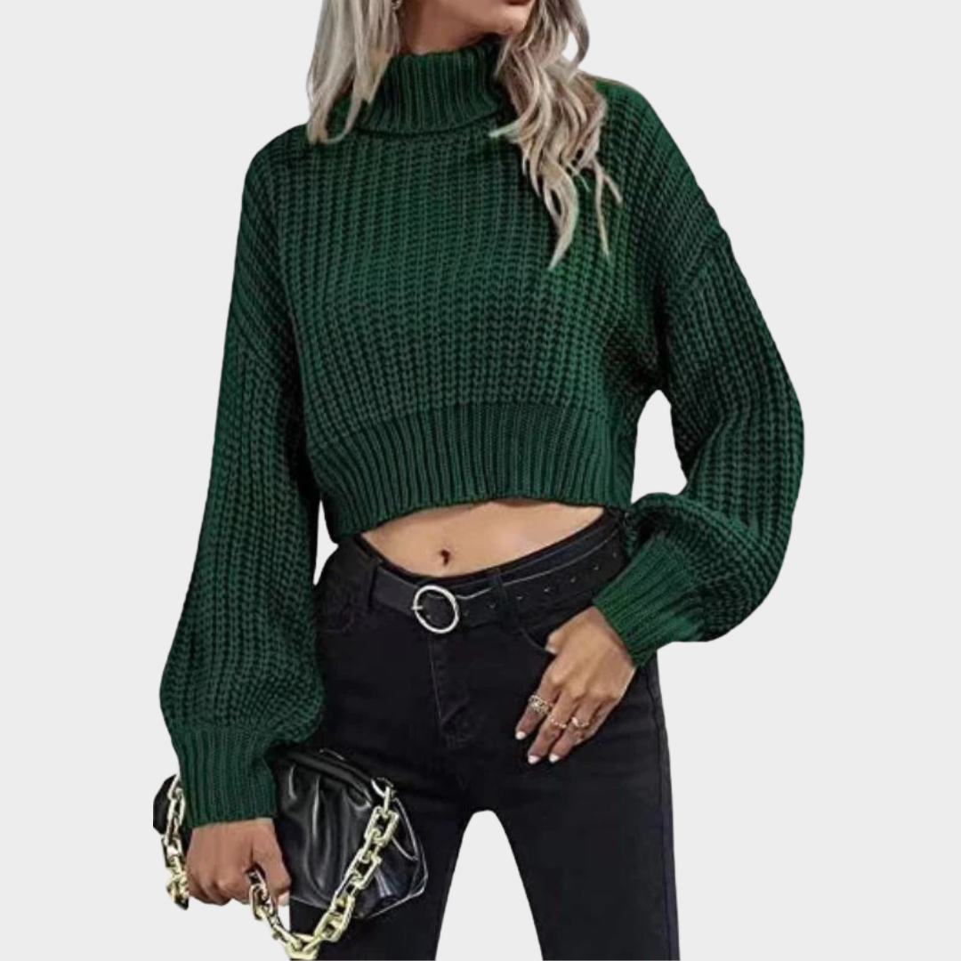 Women’s Sweater – Wool Blend Knit Cropped Fit – High Turtleneck – Balloon Sleeves – Multiple Colours